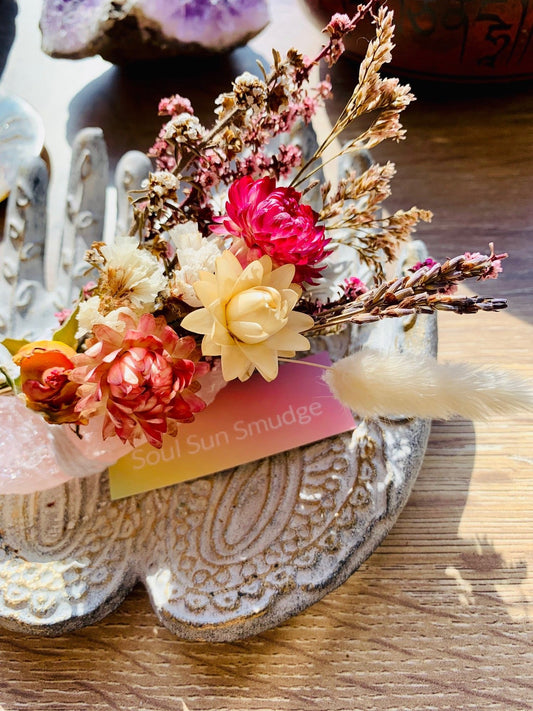 FLORAL SMUDGE SAGE STICK WITH KEEPSAKE DRIED FLOWERS AND HEALING CRYSTAL