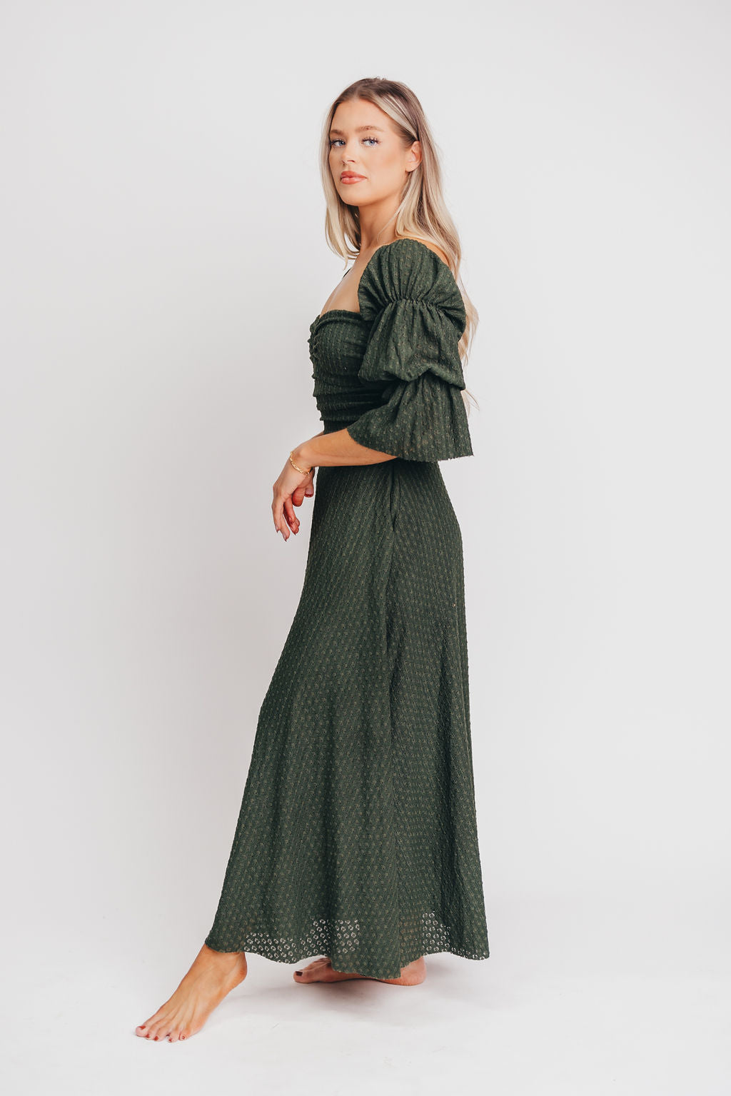 Corrine Tiered Sleeve Maxi Dress with Pockets in Hunter Green
