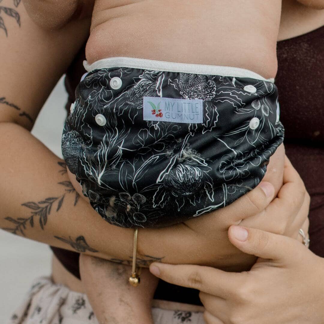 Reusable Swim Nappy - Black Flora | My Little Gumnut