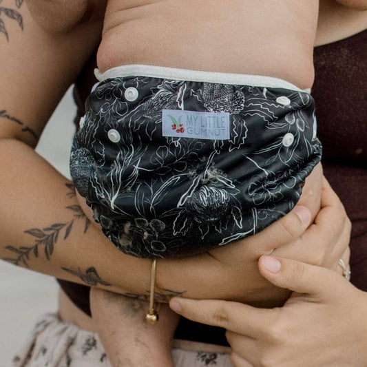 Reusable Swim Nappy - Black Flora | My Little Gumnut