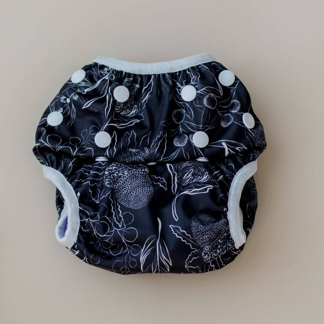 Reusable Swim Nappy - Black Flora | My Little Gumnut