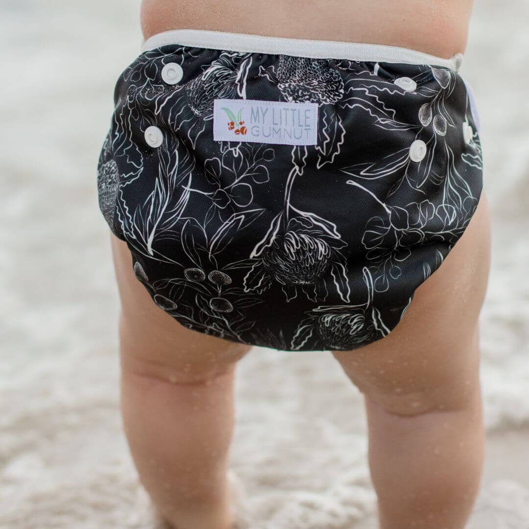 Reusable Swim Nappy - Black Flora | My Little Gumnut
