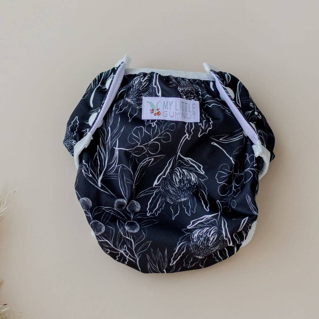 Reusable Swim Nappy - Black Flora | My Little Gumnut