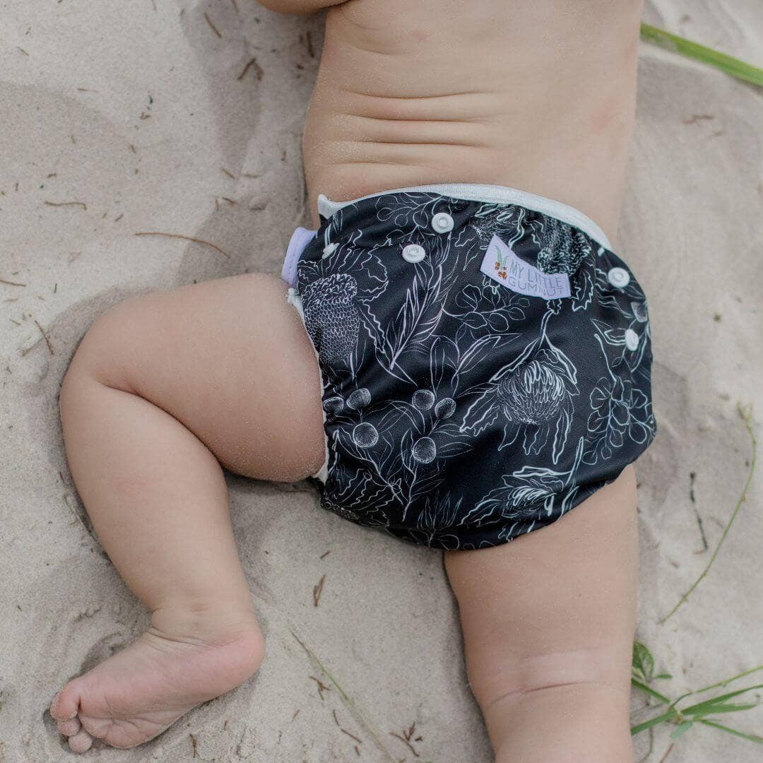 Reusable Swim Nappy - Black Flora | My Little Gumnut