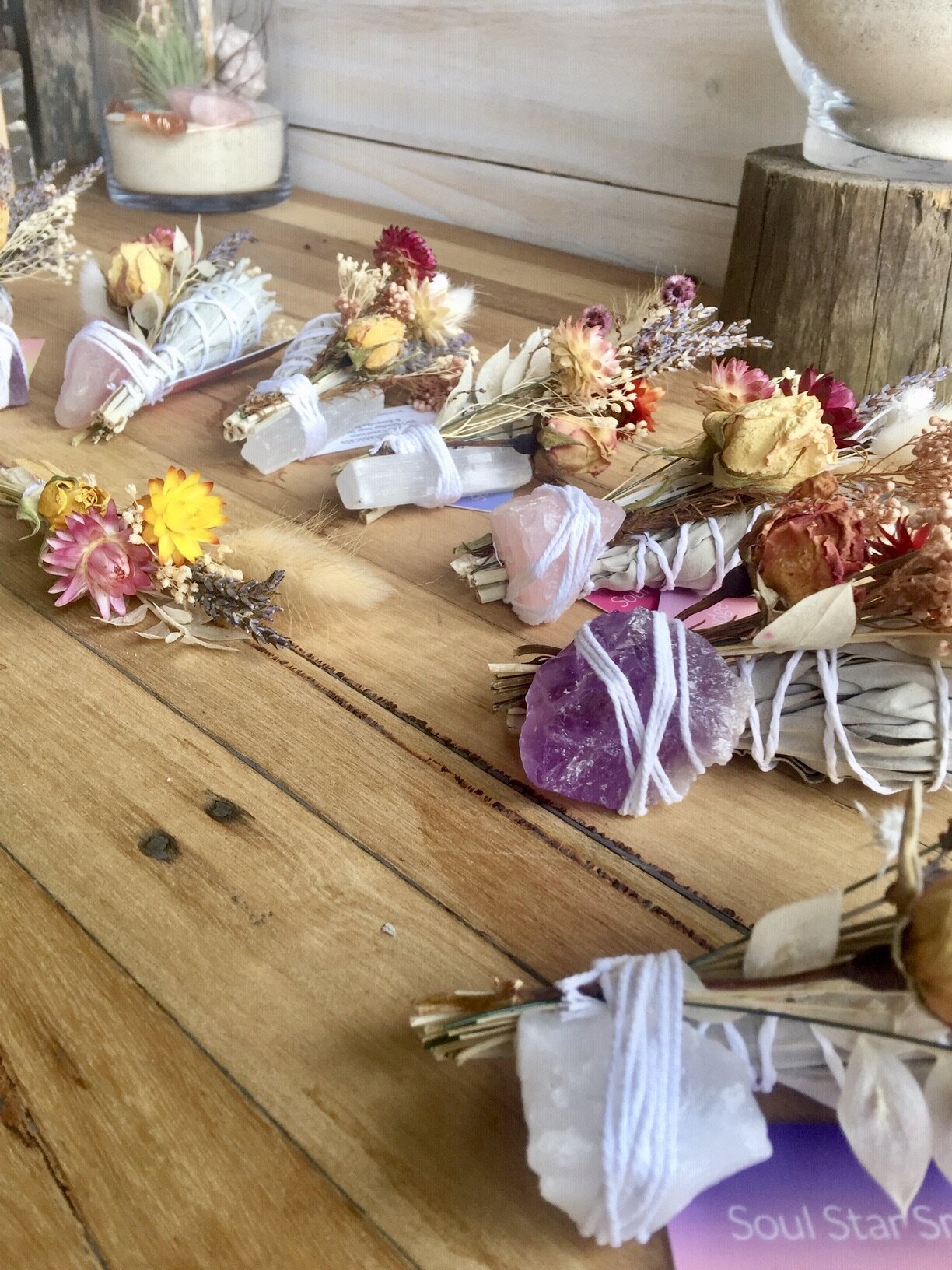 FLORAL SMUDGE SAGE STICK WITH KEEPSAKE DRIED FLOWERS AND HEALING CRYSTAL
