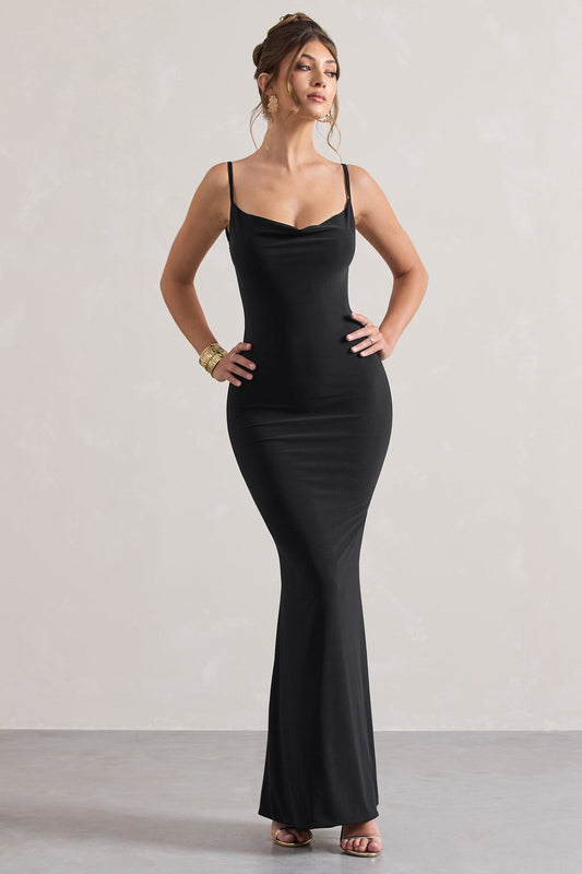 Francoise
Black Cowl Neck Backless Maxi Dress With Lace Insert