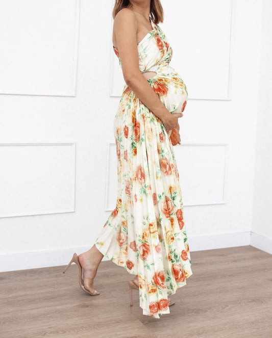 KLEO ONE SHOUDKER FLORAL PLEATED MAXI DRESS