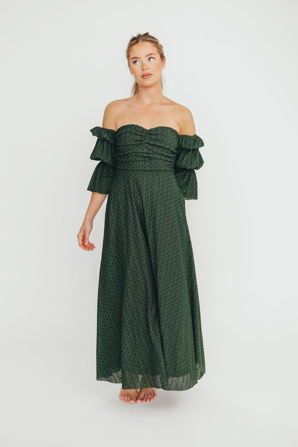 Corrine Tiered Sleeve Maxi Dress with Pockets in Hunter Green