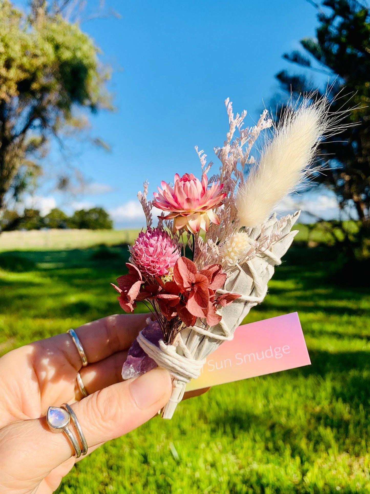 FLORAL SMUDGE SAGE STICK WITH KEEPSAKE DRIED FLOWERS AND HEALING CRYSTAL